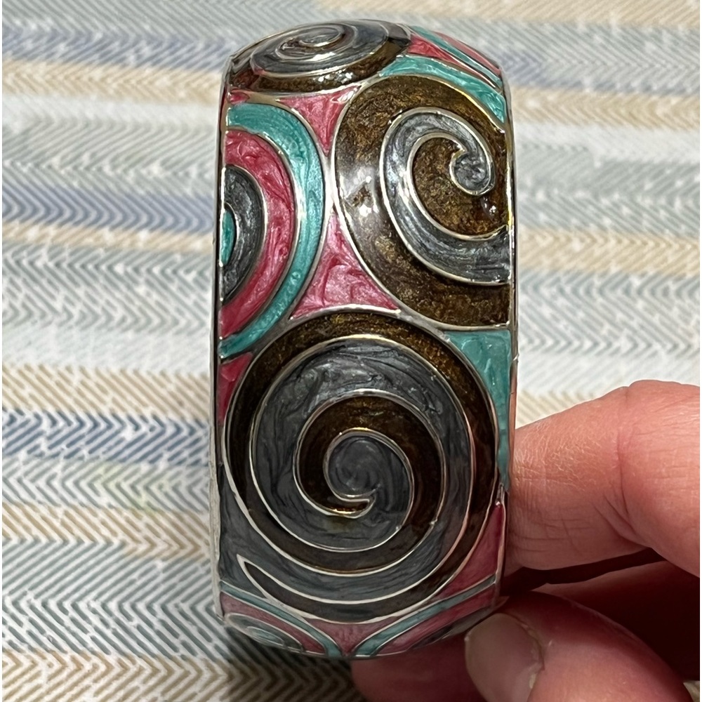 Vintage Silver Hinged Bangle Bracelet with Swirl Design, Boho, Retro - Picture 3 of 6